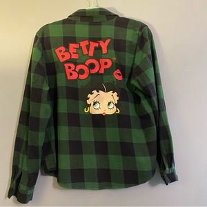 Betty Boop Green Black Buffalo Plaid Button Up Long Sleeve Flannel Sz M